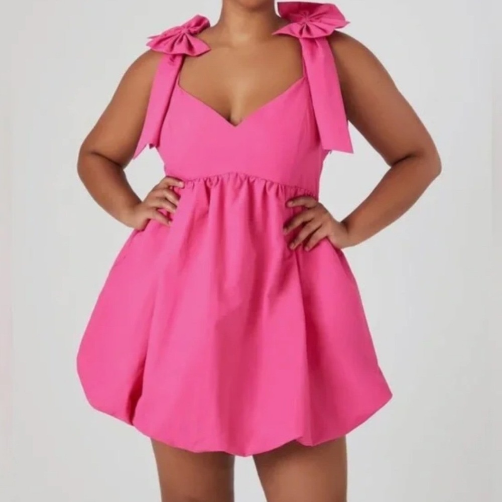Forever 21 Plus Hibiscus Pink Bubble Hem Bow Shoulder Mini Dress 0X NWT - Picture 2 of 6